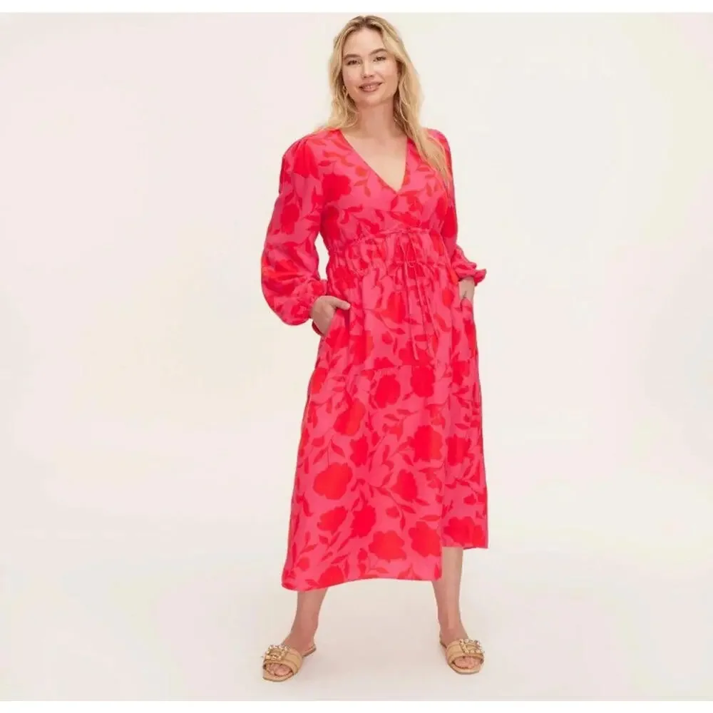 Kate‎ Spade-Rose Linen long sleeve maxi boho dress Pink/red XS